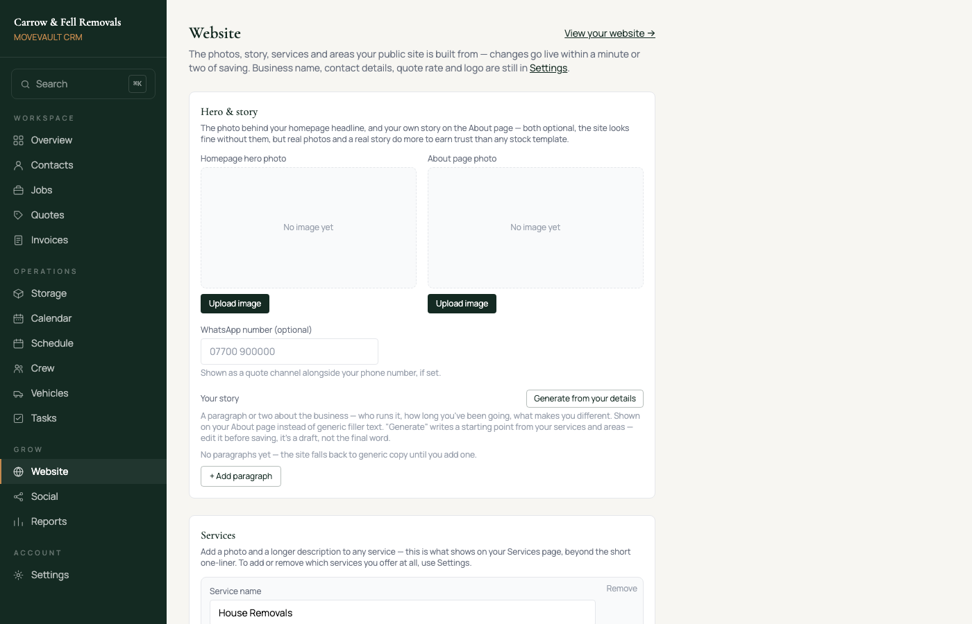 Website — photos, story, services