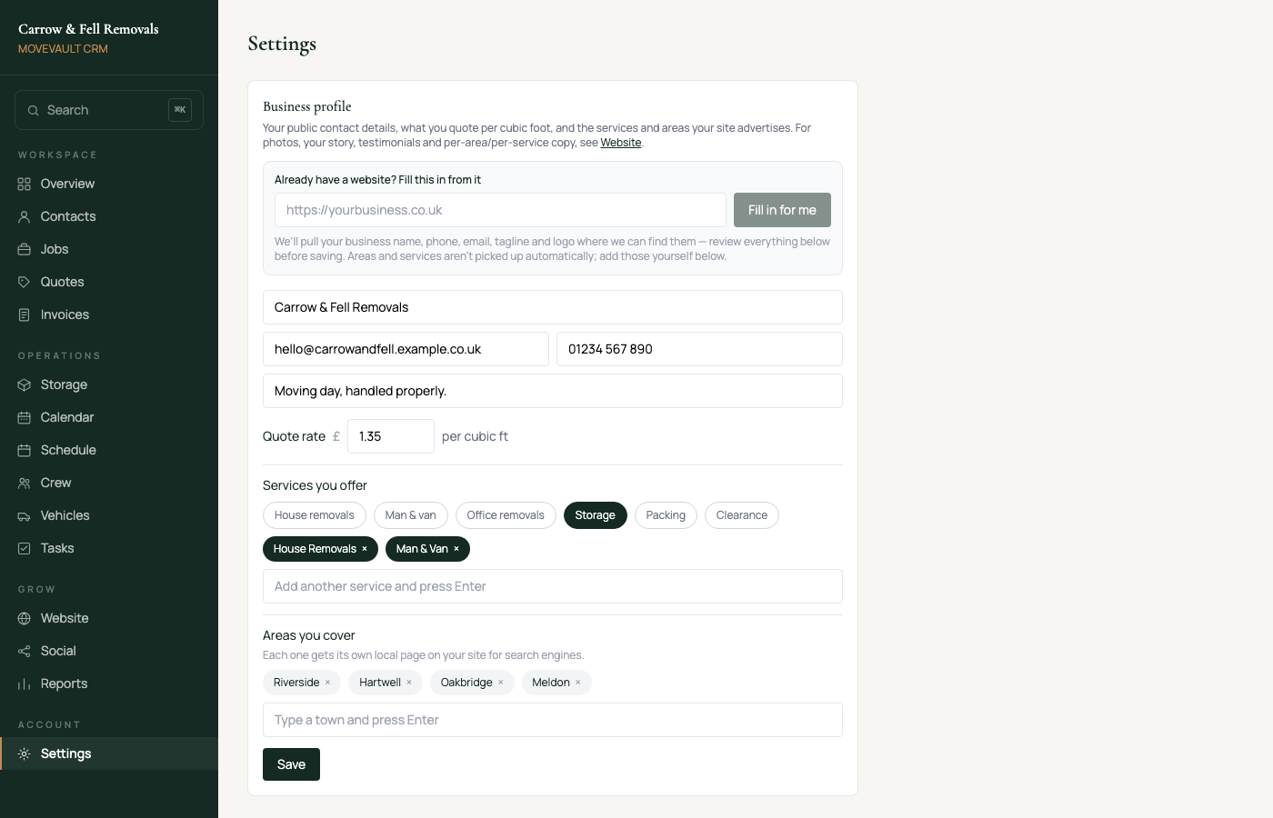 Settings — business profile, logo, invoicing